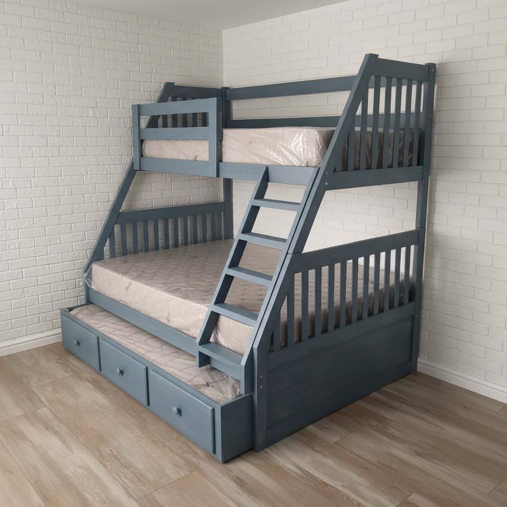 Navy Triple Bunk - Brick Wall Background